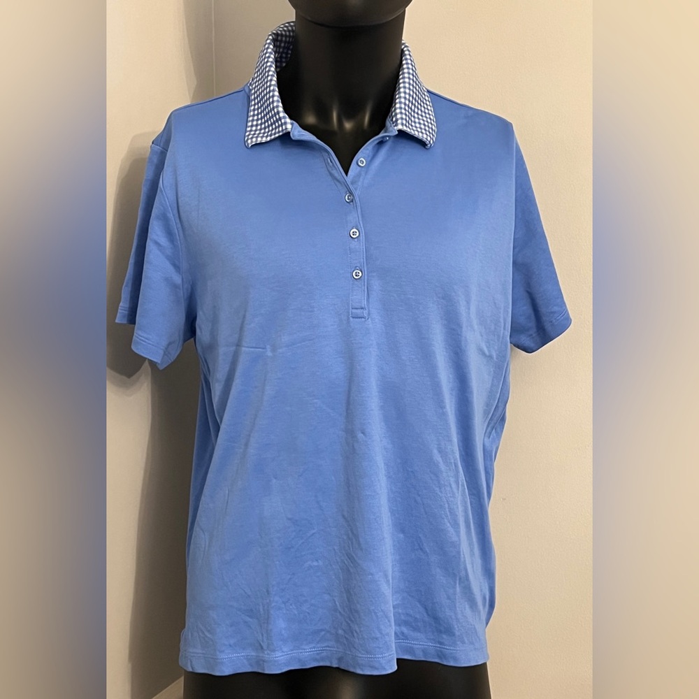 Lands End 100% Cotton Polo Chicory Blue with Gingham Collar Size 1x (16w - 18w)